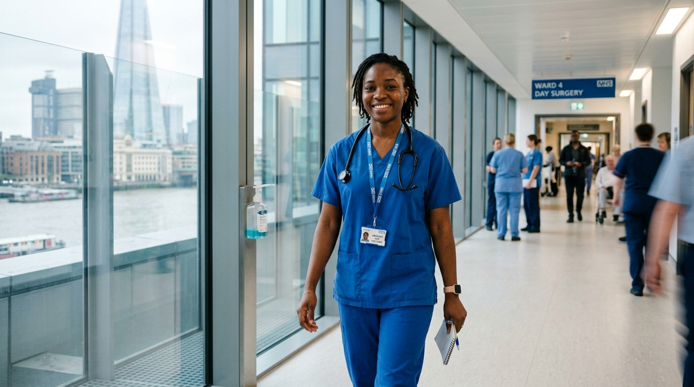 Nigerian registered nurse in NHS scrubs in hospital corridor